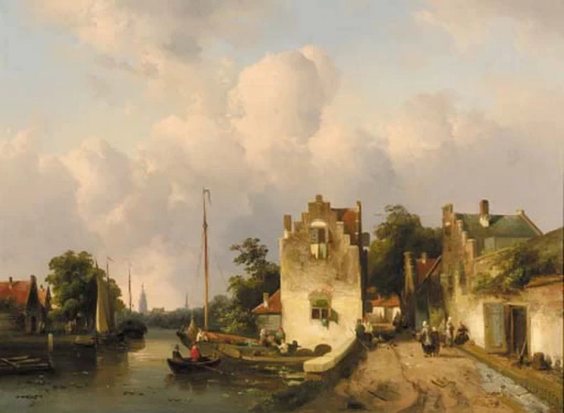 Charles Leickert - Una vista in una città lungo un fiume